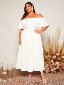 SHEIN Belle Plus Off Shoulder Flutter Sleeve Wedding Dress - White - View 5