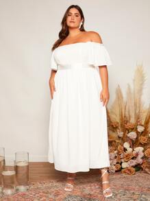 SHEIN Belle Plus Off Shoulder Flutter Sleeve Wedding Dress - White - View 6
