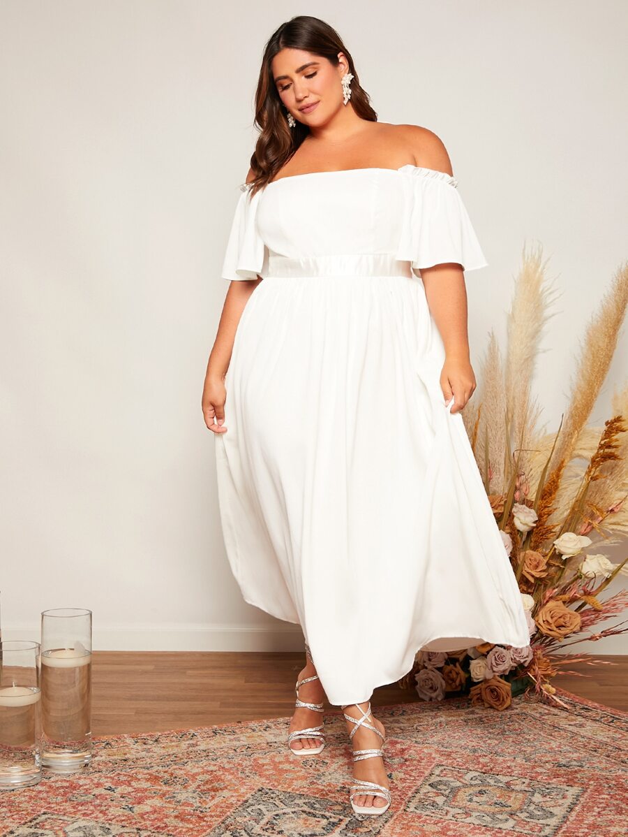 SHEIN Belle Plus Off Shoulder Flutter Sleeve Wedding Dress - White - View 1