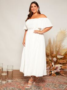 SHEIN Belle Plus Off Shoulder Flutter Sleeve Wedding Dress - White - View 7