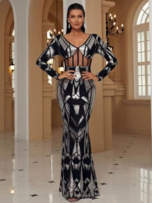 Missord Đầm Tương phản Mesh ghép mộng kim sa Dây kéo Hình học Hấp dẫn - Nhiều màu - Xem 1