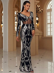 Missord Đầm Tương phản Mesh ghép mộng kim sa Dây kéo Hình học Hấp dẫn - Nhiều màu - Xem 3