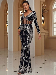 Missord Đầm Tương phản Mesh ghép mộng kim sa Dây kéo Hình học Hấp dẫn - Nhiều màu - Xem 5