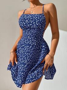 SHEIN PETITE Vestido de tirantes con estampado de corazón con tira cruzada de espalda abierta con cordón - Azul - Ver 1