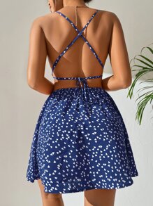 SHEIN PETITE Vestido de tirantes con estampado de corazón con tira cruzada de espalda abierta con cordón - Azul - Ver 2