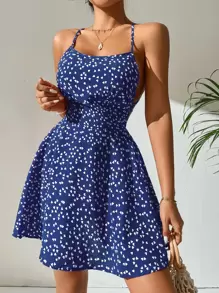 SHEIN PETITE Vestido de tirantes con estampado de corazón con tira cruzada de espalda abierta con cordón - Azul - Ver 3