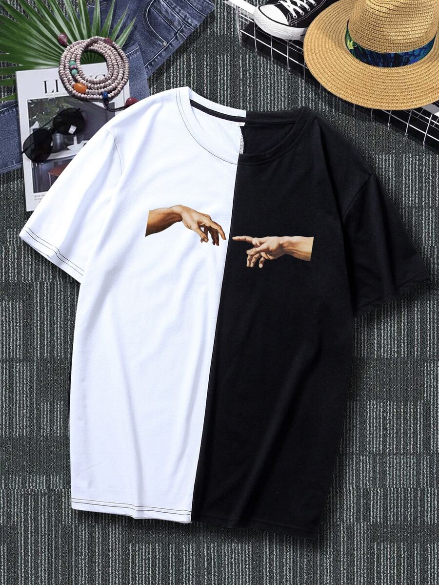 Manfinity Homme 男士手掌圖案撞色T恤 - 黑與白 - 查看 1