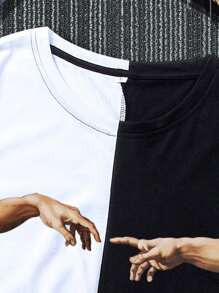 Manfinity Homme 男士手掌圖案撞色T恤 - 黑與白 - 查看 5