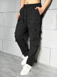 Manfinity EMRG Men Flap Pocket Drawstring Waist Cargo Trousers - Black - View 6