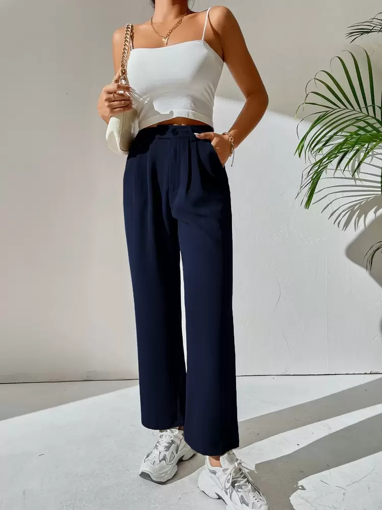 SHEIN PETITE Pantalon taille haute avec détail de poche - Bleu marine - Voir 1