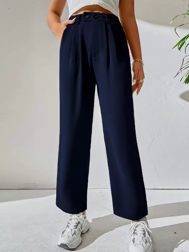 SHEIN PETITE Pantalon taille haute avec détail de poche - Bleu marine - Voir 4