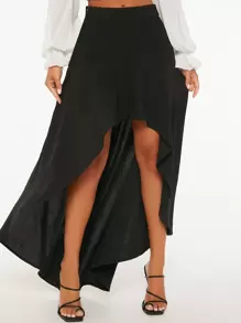 SHEIN PETITE Solid High Low Hem Skirt - Black - View 1
