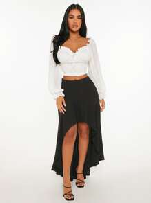 SHEIN PETITE Solid High Low Hem Skirt - Black - View 5