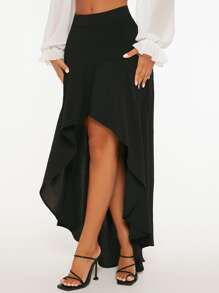 SHEIN PETITE Solid High Low Hem Skirt - Black - View 6