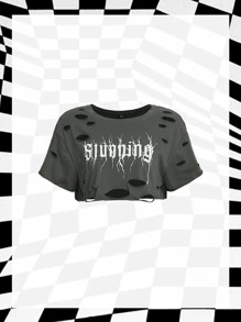 ROMWE PUNK 字母圖案破洞短款T恤 - 深灰色 - 查看 1