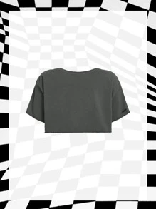 ROMWE PUNK 字母圖案破洞短款T恤 - 深灰色 - 查看 2