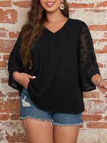 SHEIN LUNE Plus Contrast Swiss Dot Blouse - Black - View 1