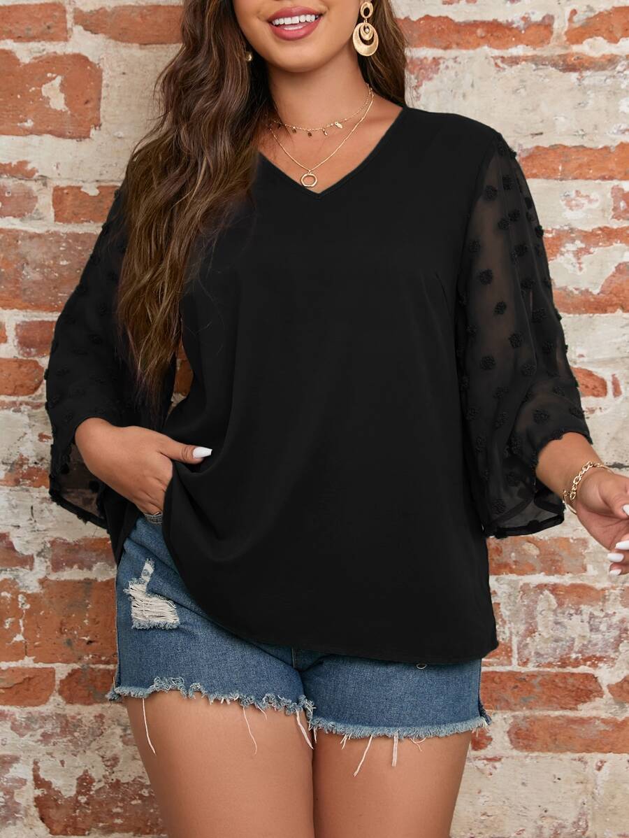 SHEIN LUNE Plus Contrast Swiss Dot Blouse - Black - View 1