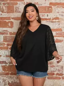 SHEIN LUNE Plus Contrast Swiss Dot Blouse - Black - View 3