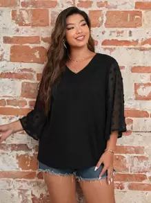 SHEIN LUNE Plus Contrast Swiss Dot Blouse - Black - View 6