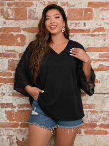 SHEIN LUNE Plus Contrast Swiss Dot Blouse - Black - View 4