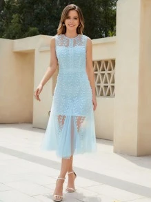 Zip Back Lace Insert Plants Embroidery Mesh Overlay Dress - Baby Blue - View 1