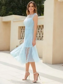 Zip Back Lace Insert Plants Embroidery Mesh Overlay Dress - Baby Blue - View 3