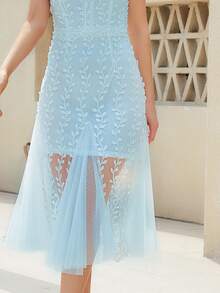 Zip Back Lace Insert Plants Embroidery Mesh Overlay Dress - Baby Blue - View 5
