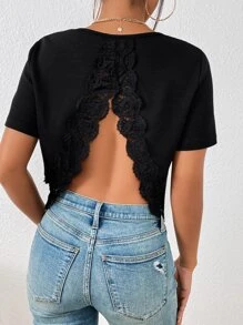 SHEIN Frenchy 蕾絲拼接圍裹後背開衩T恤 - 黑色 - 查看 4