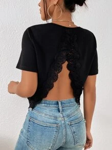 SHEIN Frenchy 蕾絲拼接圍裹後背開衩T恤 - 黑色 - 查看 5