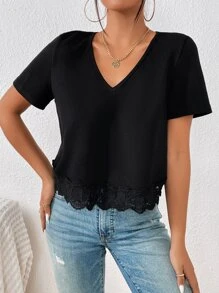 SHEIN Frenchy 蕾絲拼接圍裹後背開衩T恤 - 黑色 - 查看 6