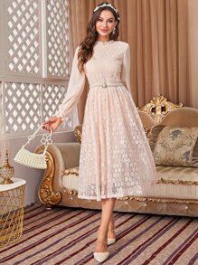 荷葉袖蕾絲覆蓋洋裝不附腰帶 - 淺粉色 - 查看 3