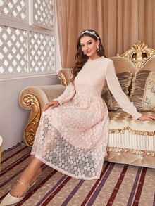 荷葉袖蕾絲覆蓋洋裝不附腰帶 - 淺粉色 - 查看 6