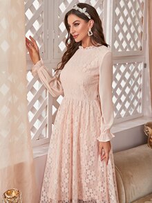 荷葉袖蕾絲覆蓋洋裝不附腰帶 - 淺粉色 - 查看 7