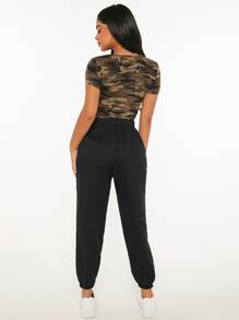 SHEIN PETITE Solid Elastic Waist Joggers - Black - View 3