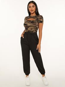 SHEIN PETITE Solid Elastic Waist Joggers - Black - View 5