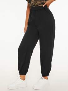 SHEIN PETITE Solid Elastic Waist Joggers - Black - View 6