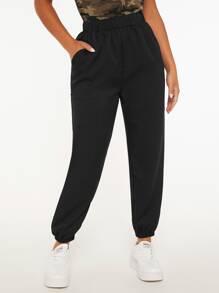SHEIN PETITE Solid Elastic Waist Joggers - Black - View 7