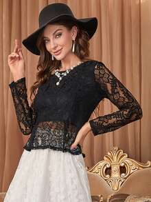 Top con encaje floral bajo con fruncido - Negro - Ver 4