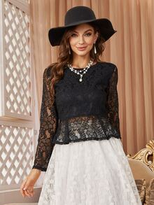 Top con encaje floral bajo con fruncido - Negro - Ver 6