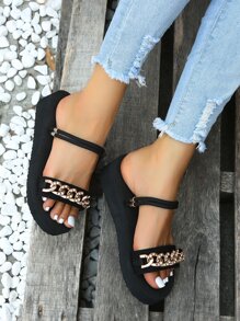 Chain Decor Multi-way Wear Slingback Flatform Sandals - Black - View 2