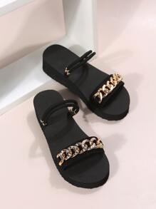 Chain Decor Multi-way Wear Slingback Flatform Sandals - Black - View 4