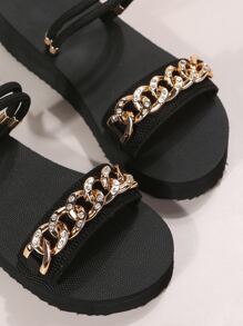 Chain Decor Multi-way Wear Slingback Flatform Sandals - Black - View 6