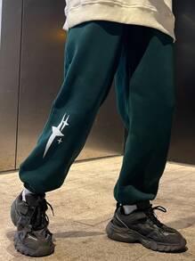 Manfinity Hypemode 男裝鬆身運動褲,帶有星星和字母圖案設計,可調節束口腰帶 - 墨綠色 - 查看 3