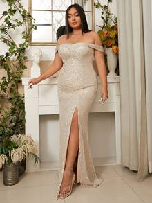 seomiscky Đầm Plus Size Dây kéo Tách cao màu trơn Hấp dẫn - Rượu sâm banh - Xem 3