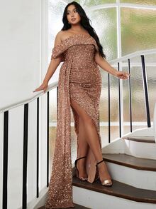 seomiscky Plus Off Shoulder Draped Side Split Thigh Sequin Formal Dress - Apricot - View 3