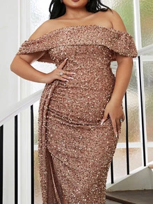 seomiscky Plus Off Shoulder Draped Side Split Thigh Sequin Formal Dress - Apricot - View 8