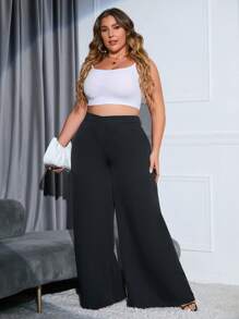 Double Crazy Plus Solid Wide Leg Trousers - Black - View 1