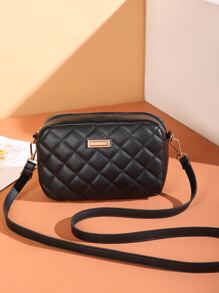 迷你金屬裝飾幾何格紋絎縫方形包 - 黑色 - 查看 1