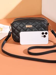 迷你金屬裝飾幾何格紋絎縫方形包 - 黑色 - 查看 4